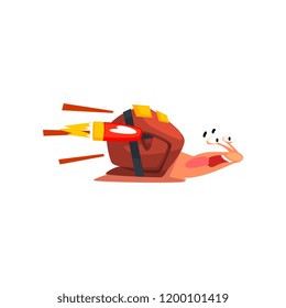 Fast funny snail, cartoon mollusk character with turbo speed booster vector Illustration on a white background