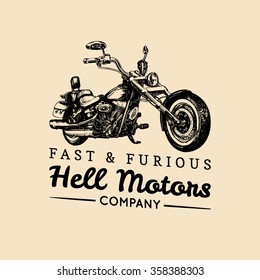 Fast And Furious advertising poster. Vector hand drawn motorcycle in ink style. Vintage detailed chopper illustration for custom company, biker store, MC sign, garage label, logo. 