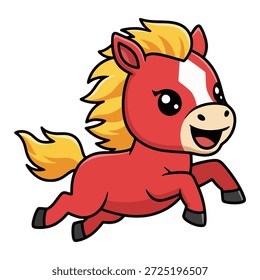 Mascota de caballo de fuego galopando rápido que corre alegremente con la melena y la cola amarillas vibrantes.