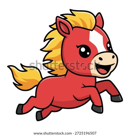 Fast galloping fire horse mascot running joyfully with vibrant yellow mane and tail.