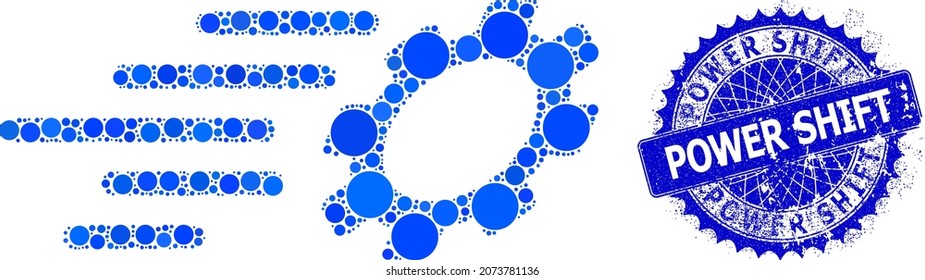 Fast gear vector collage of dots in variable sizes and blue color shades, and distress Power Shift stamp seal. Blue round sharp rosette stamp seal contains Power Shift tag inside it.