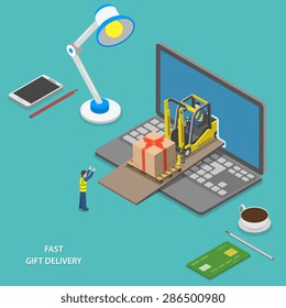 Fast gift delivery flat isometric vector illustration. Workers deliver ordered gift using forklift just from laptop screen.