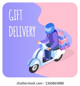 Fast Gift Delivery Flat Vector Banner Template. Scooter Driver, Courier Carrying Presents Isometric Illustration. Gift Shop, Store Purchase Transportation Lettering. Student Odd Job, Occupation