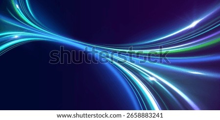Fast glowing led light and curved beam shine on tech background with pink and blue energy motion effect across digital highway in neon vector design with isolated cyber fashion night scene png

