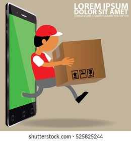 Fast Goods Delivery Concept Flat Isometric Vector Illustration. Contains Image of Delivery Man  and Parcels Appeared From Smartphone or Tablet.