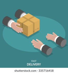 Fast goods delivery flat isometric vector concept. Hands of delivery man give parcel to customers hands. Online shopping, payment, delivery.