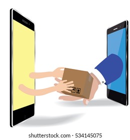 Fast Goods Delivery Flat Isometric Vector Illustration. Contains Image of Delivery Human hand submitted and Parcels Appeared From Smart phone or Tablet.