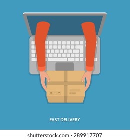 Fast goods delivery vector illustration. Hands of delivery man with parcel appeared from laptop.