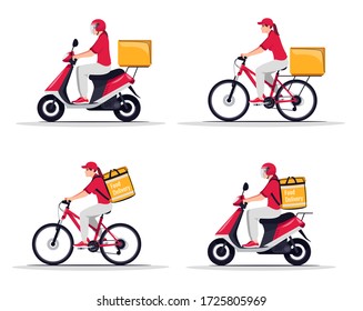 Fast goods transportation flat vector illustrations set. Caucasian woman on motorbike. White female delivery worker with food package. Bike courier in red uniform isolated cartoon one character kit