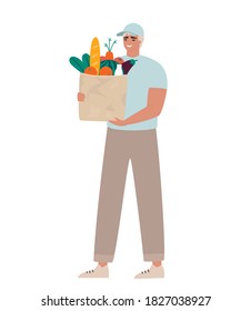 Fast grocery delivery service concept. Young guy delivers fresh organic food from the supermarket or store to home. Man courier holding a bag full of groceries. Isolated flat vector illustration