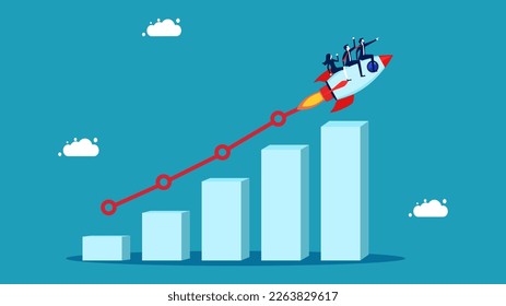 Negocios de rápido crecimiento. Concepto de progreso o desarrollo. Equipo de negocios montando cohetes en el gráfico de barras de crecimiento