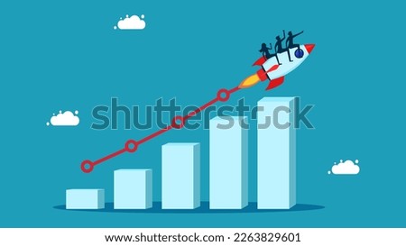 Fast growing business. Progress or development concept. Business team riding rocket on growth bar graph
