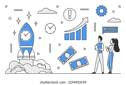 Estrategia empresarial de rápido crecimiento. Exitoso desarrollo de la empresa, lanzamiento de cohetes vectores monocolor ilustración