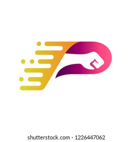 fast hand punching logo design inside letter P with movement shape