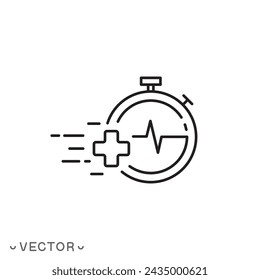 icono de efecto curativo rápido, tratamiento rápido, cronómetro con cruz, primeros auxilios, símbolo de línea fina aislado sobre fondo blanco, trazo editable eps 10 ilustración vectorial