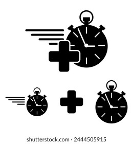 Schnelle Symbole für den Gesundheitsdienst. Stoppuhr mit medizinischem Kreuz-Symbol. Notfallversorgung und Notfallkonzept. Vektorillustration. EPS 10.