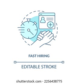 Fast hiring turquoise concept icon. Recruitment agency. IT staffing service advantage abstract idea thin line illustration. Isolated outline drawing. Editable stroke. Arial, Myriad Pro-Bold fonts used