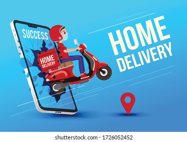 Fast home delivery package by scooter on mobile phone to the location. Order package in E-commerce by app. Vector illustration