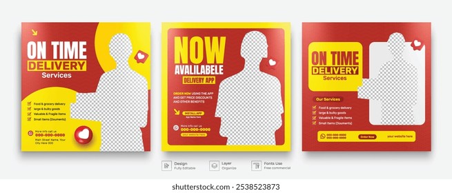Fast Home Delivery Service Social Media Post Design Template. Online Delivery Promotional Bundle.