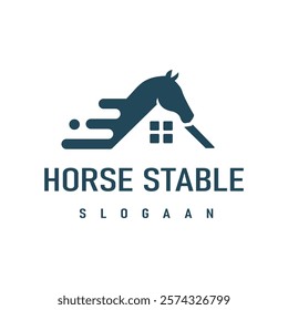 Fast Horse Silhouette Design Illustration with Horse Stable and House Logo Icon Symbol.