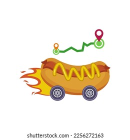 Fast hot dog on wheels vector illustration. Express food delivery element isolated on white background. Food delivery concept