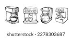 Fast hot drop pot set stand white paper backdrop. Outline black ink pen hand drawn old retro tasty flavor fresh whip meal logo pictogram emblem  print art modern doodle style cartoon text space design