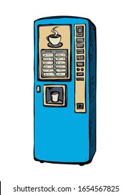 Fast hot mug drip make tool set stand on white space for text. Bright blue color hand drawn pay push bar shop trade. Aroma test fresh eat line logo sign in art modern cartoon graphic style on paper