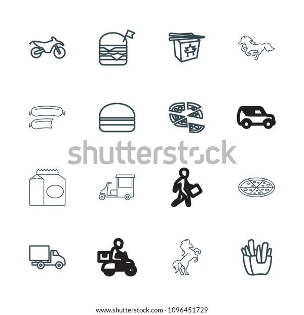 Fast icon.\
collection of 16 fast outline icons such as french fries, pizza,\
double burger with flag, burger, delivery car, motorbike. editable\
fast icons for web and\
mobile.