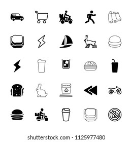 Fast icon. collection of 25 fast filled and outline icons such as burger, sandwich, running, courier on motorcycle, play back, flash. editable fast icons for web and mobile.