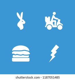 Fast icon. collection of 4 fast filled icons such as flash, courier on motorcycle, burger. editable fast icons for web and mobile.