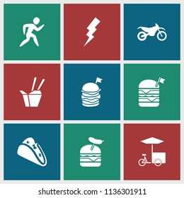 Fast icon. collection of 9 fast filled icons such as flash, taco, double burger with flag, burger with sausage, motorbike. editable fast icons for web and mobile.