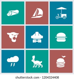 Fast icon. collection of 9 fast filled icons such as sailboat, wrap sandwich, cargo plane back view, panther, rabbit, burger. editable fast icons for web and mobile.