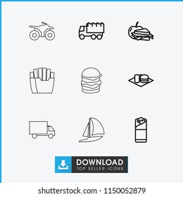 Fast icon. collection of 9 fast outline icons such as truck, burrito, soda and burger, sandwich and apple, sailboat, motorcycle. editable fast icons for web and mobile.