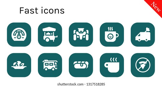 fast icon set. 10 filled fast icons.  Simple modern icons about  - Speedometer, Food cart, Race car, Coffee cup, Van, Mushroom, Hot dog, No fast food