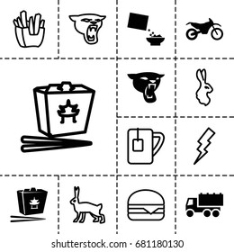 Fast icon. set of 13 filled and outline fast icons such as panther, truck, chinese fast food, cereal, motorbike, rabbit, flash, french fries, cheeseburger