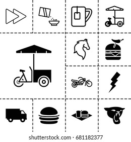 Fast icon. set of 13 filled and outline fast icons such as panther, flash, burger, burger with pepper, soda and burger, truck, horse, cereal, tea cup