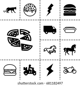 Fast icon. set of 13 filled and outline fast icons such as panther, horse, flash, burger, truck, donut, pizza, cheeseburger, hot dog, motorbike