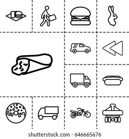 Fast icon. set of 13 outline fasticons such as rabbit, truck, wrap sandwich, donut, soda and burger, cargo plane back view, courier, delivery car, play back, hot dog