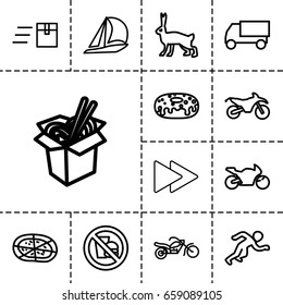 Fast icon. set of 13 outline fasticons such as rabbit, truck, donut, noodles fast food, pizza, motorcycle, motorbike, running, express delivery