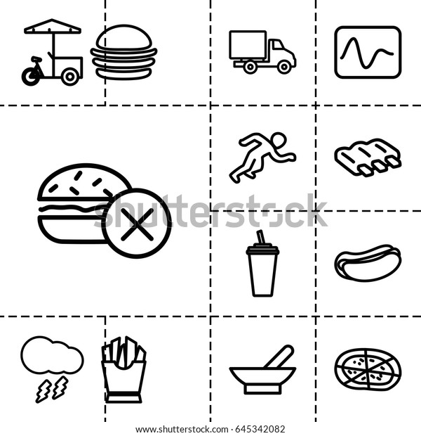 Fast icon. set of 13\
outline fasticons such as bowl, sausage, no fast food, burger, hot\
dog, french fries, drink, pizza, fast food cart, delivery car,\
thunderstorm, running