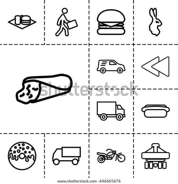 Fast icon. set of 13\
outline fasticons such as rabbit, truck, wrap sandwich, donut, soda\
and burger, cargo plane back view, courier, delivery car, play\
back, hot dog