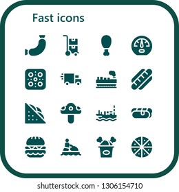 fast icon set. 16 filled fast icons.  Collection Of - Sausage, Trolley, Fried chicken, Dashboard, Pizza, Delivery truck, Cargo, Hot dog, Sandwich, Mushroom, Ship, Burger, Jet ski