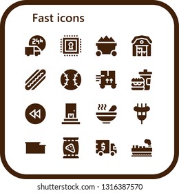 fast icon set. 16 filled fast icons.  Simple modern icons about  - Delivery truck, Chip, Trolley, Warehouse, Hot dog, Tennis, Fast food, Rewind, Delivery, Soup, Sausage, Chips