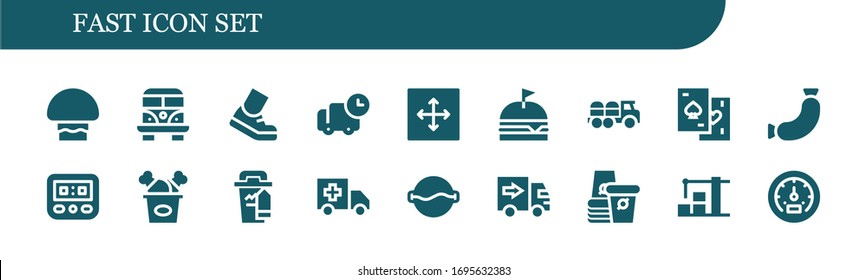conjunto de iconos rápidos. 18 iconos rápidos rellenos. Incluye hongo, camioneta, ejecución, entrega, movimiento, hamburguesa, Coche, gotas, salchicha, velocímetro, pollo frito, taza de café, ambulancia, iconos de sopa