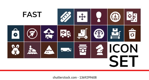 fast icon set. 19 filled fast icons.  Collection Of - Hot dog, Delivery, Rabbit, Jet ski, Nachos, Cargo truck, Coffee cup, Horse, No fast food, Food cart, Delivery truck, Trolley