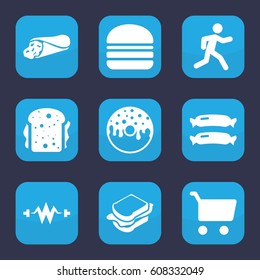 Fast icon. set of 9 filled fast icons such as sausage, wrap sandwich, donut, sandwich, burger, running, electricity