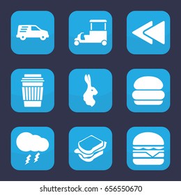 Fast icon. set of 9 filled fast icons such as rabbit, drink, sandwich, cheeseburger, fast food cart, delivery car, play back, thunderstorm