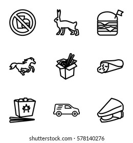 fast icon. Set of 9 fast outline icons such as horse, rabbit, wrap sandwich, sandwich, double burger with flag