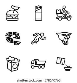 fast icon. Set of 9 fast outline icons such as panther, truck, pizza, burger with sausage, burrito, take away food, cereal, courier on motorcycle