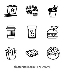 fast icon. Set of 9 fast outline icons such as sausage, french fries, drink, donut, chinese fast food, pizza